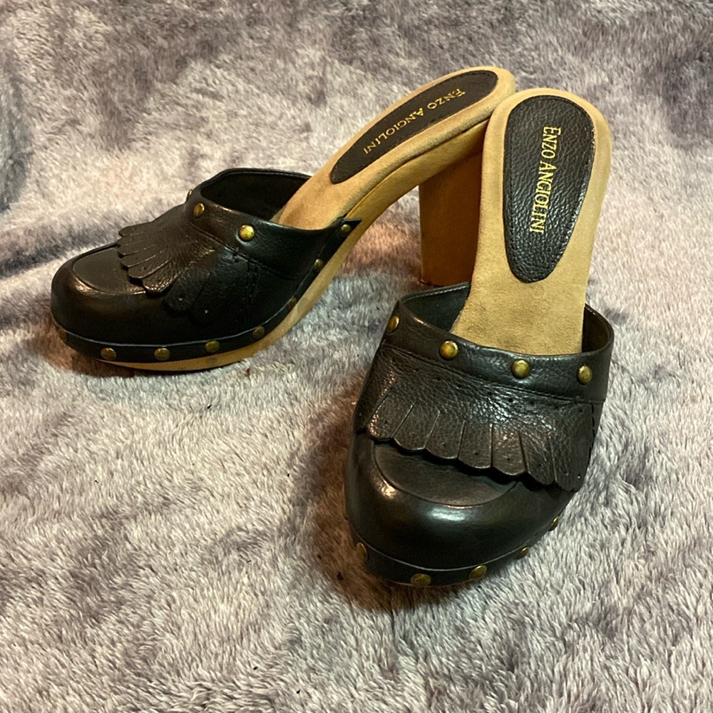 New/never used Enzo angiolini wooden mules in Black leather Size 7.5M